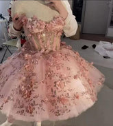 Vintage Short Pink Homecoming Dress with Flowers and Tulle Fabric